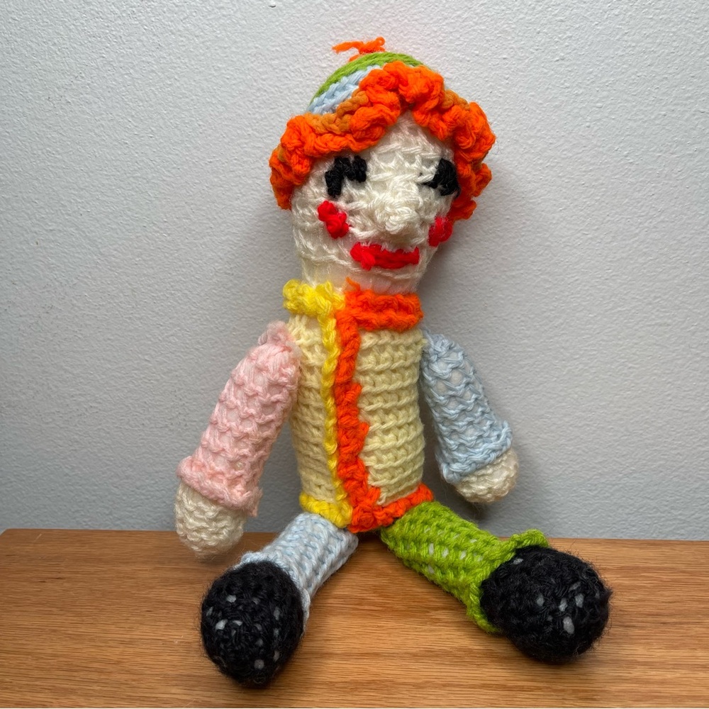 Handmade Crochet Clown One Of Kind Scary Creepy Colorful 12 Inches Long Vintage